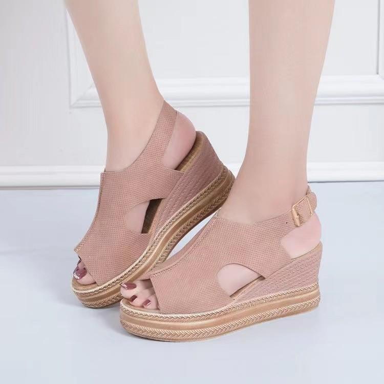 

Summer Plus Size Wedge Heel Open Toe Buckle Strap Roman Style High Heel Sandals 39 рожевий