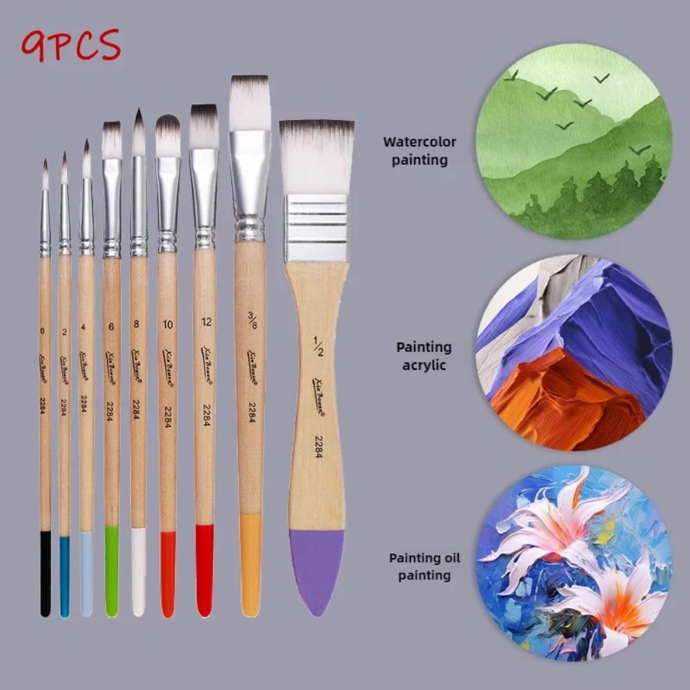 9 Pcs Set Nylon Brush of Beginners Hand-painted Graffiti Gouache Watercolor Brush Wall Painting Acrylic Paint Board Brush Tools