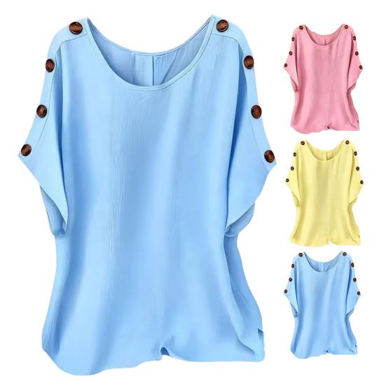 Damen Oberteile Rundhals Fledermausärmel Kurze Ärmel Knöpfe Dekoration T-Shirt Lockerer Schnitt Einfarbige Sommer Freizeitbluse