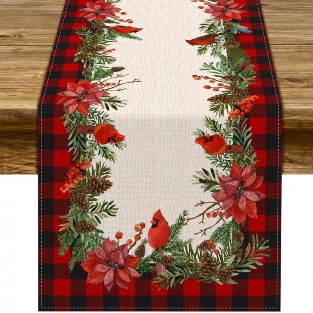 Poinsettia Flower Pattern Christmas Table Runner Long Length Rectangular Shape Table Decor Cloth Linen Material