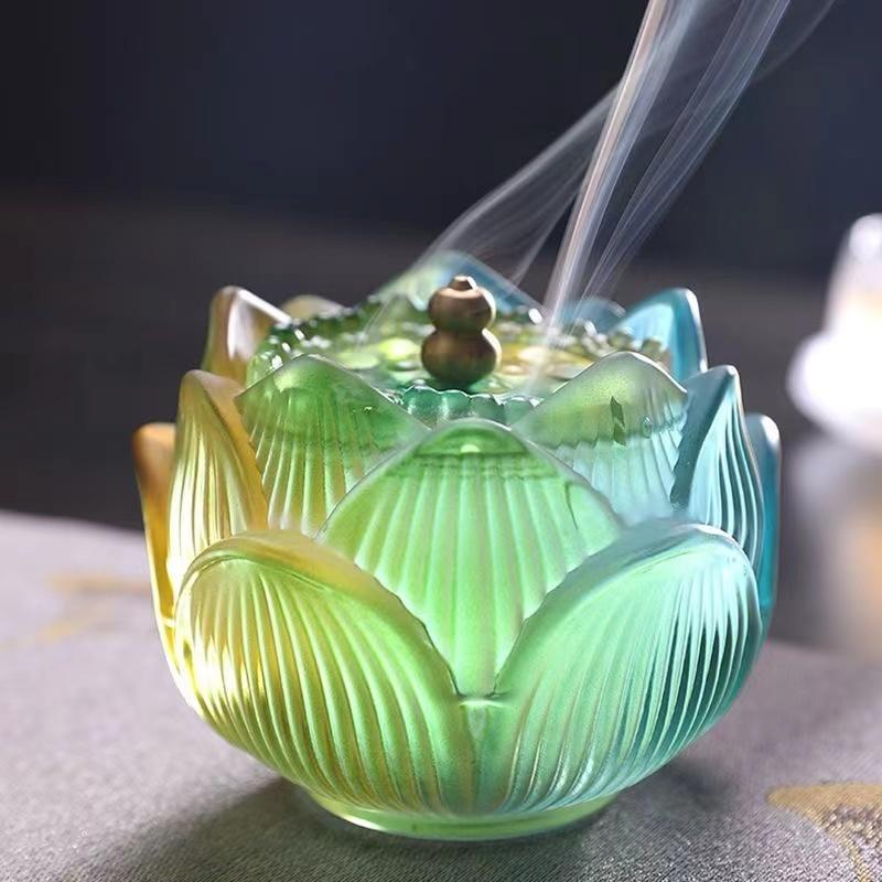 

Green Gradient Glass Lotus Incense Burner Indoor Agar Wood Decoration Sealing Incense Burner Home Decoration