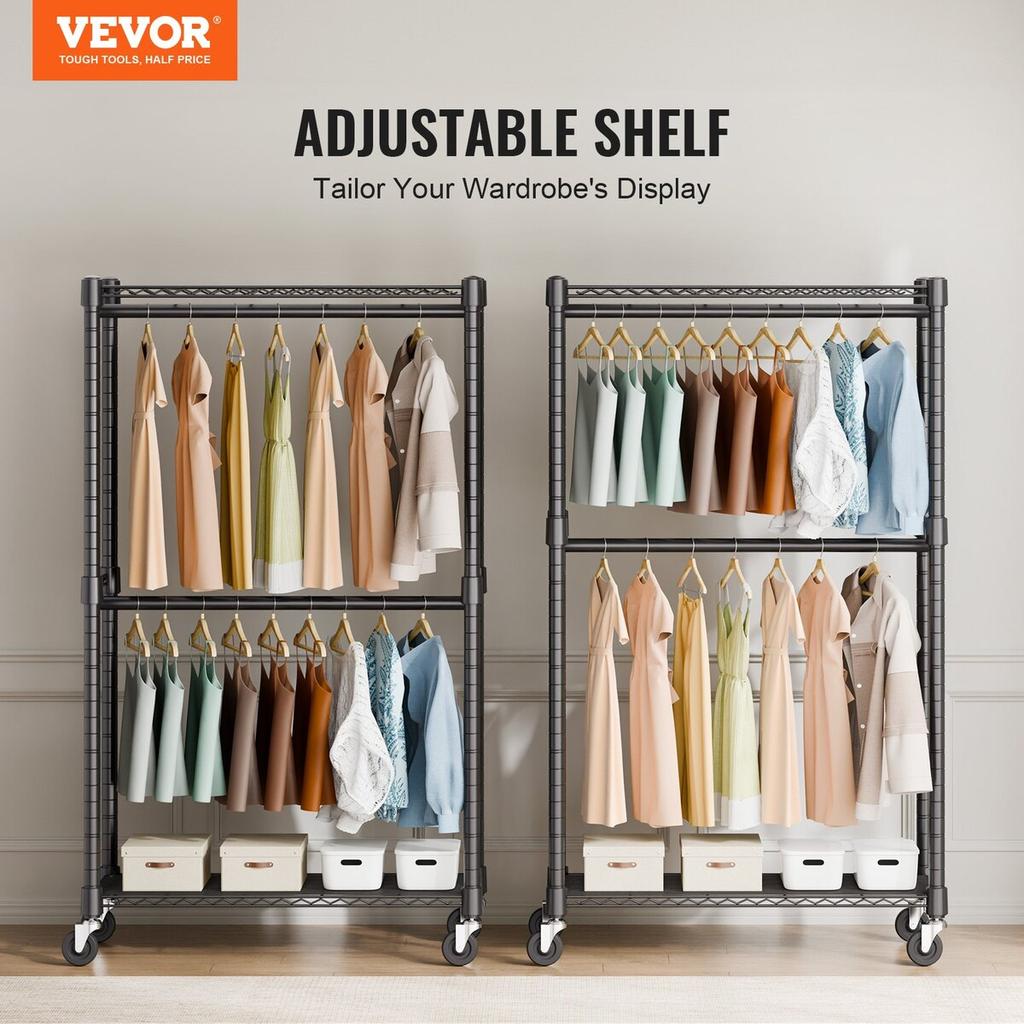 Heavy Duty Clothes Rack, Double Hanging Rods Clothing Garment Rack with Bottom and Top Storage Tier, Rolling Clothing Rack for Hanging Clothes, 1''