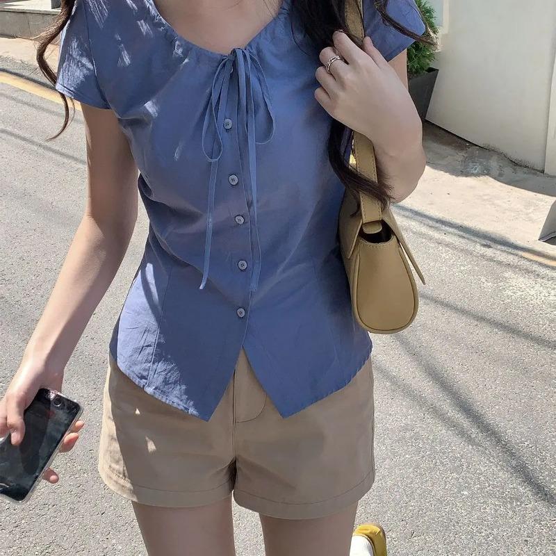 Ladies' Blue Shirt Female Bow Tie Waist Cinching Short Sleeved Blouse Summer New Korean Version Slimming Versatile Top