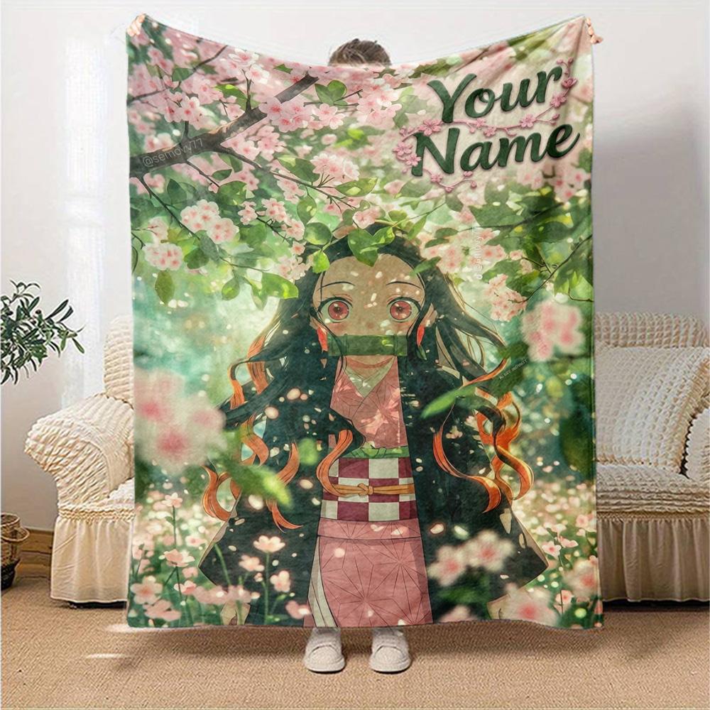 Name Custom Nezuko Print Flannel Blanket High Quality Warm Comfortable Cover for All Seasons Perfect for Gifts Home Decor