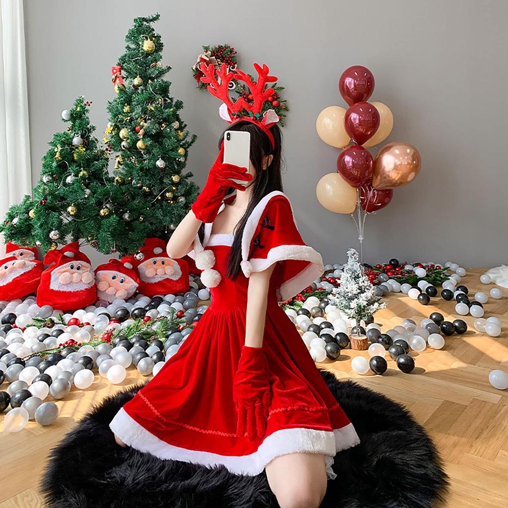 Milky Time Women's Christmas Santa Dress with Reindeer Headband (Red)