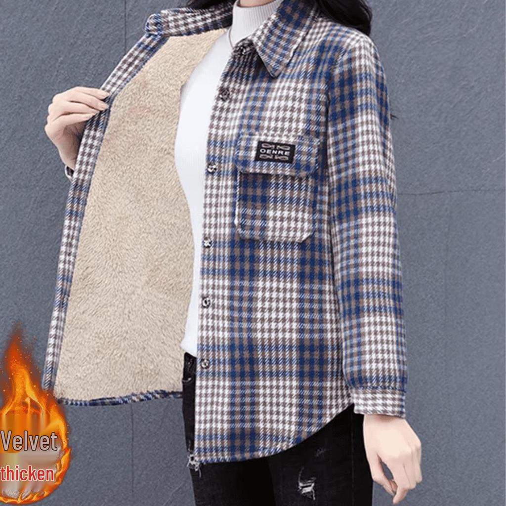 Fleece-Lined Plaid Mid-Length Wool Shirt for Women - Plus Size, Long-Sleeve Casual Outerwear
