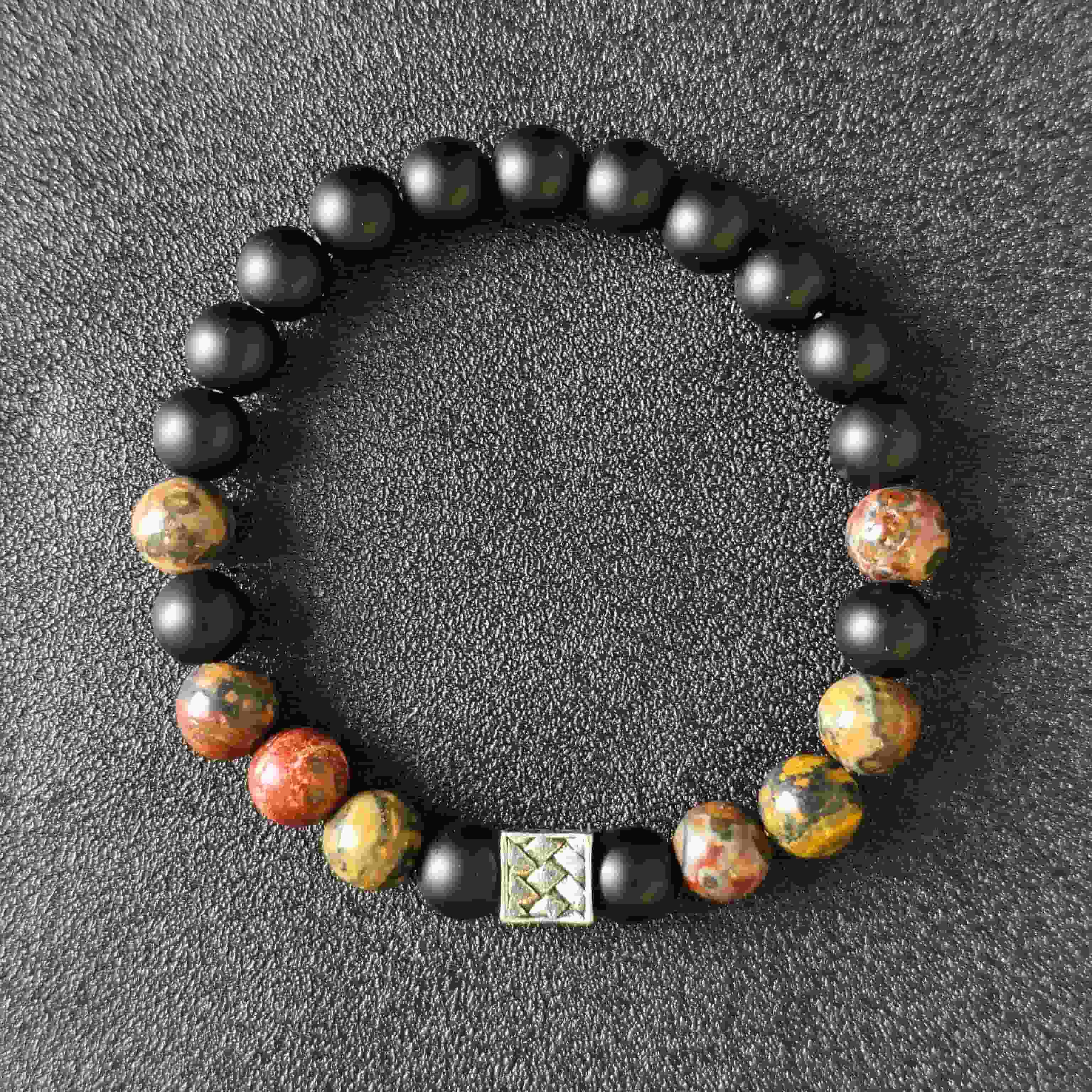 Men s Matte Black Onyx & Leopard Skin Jasper Bead Bracelet Natural Stone Jewelry  Gift for Him