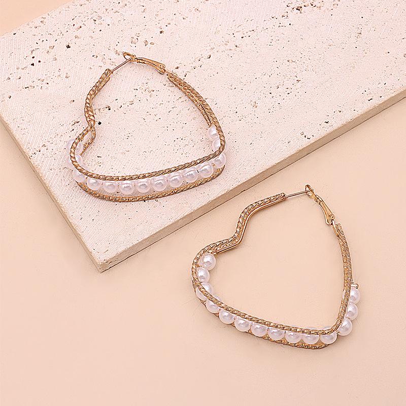 55MM Heart Imitation Pearl Hoop Earrings Big Circle Smooth Women Exaggerated Golden Hyperbole Metal Large Ear Jewelry Gift Aros