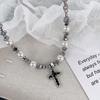 New pearl shaped stone splicing cross necklace versatile personality niche design sense collarbone chain men and women hip hop