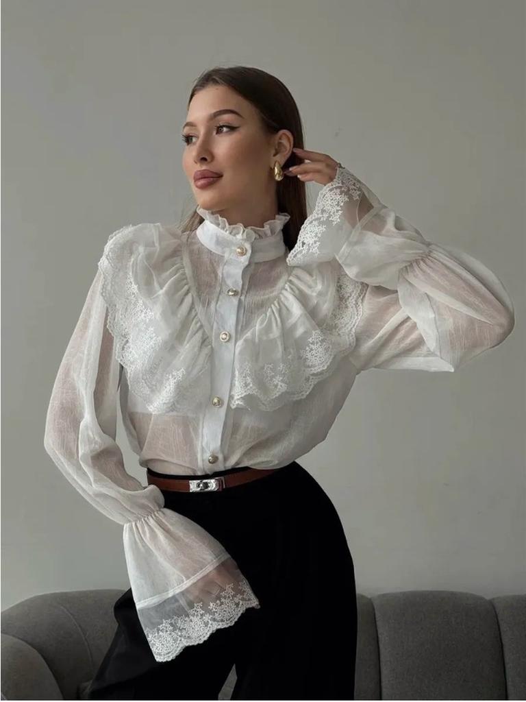 Women's Spring New Palace Style Fairy Collar Shifon Design Breathable Leaf Edge Top