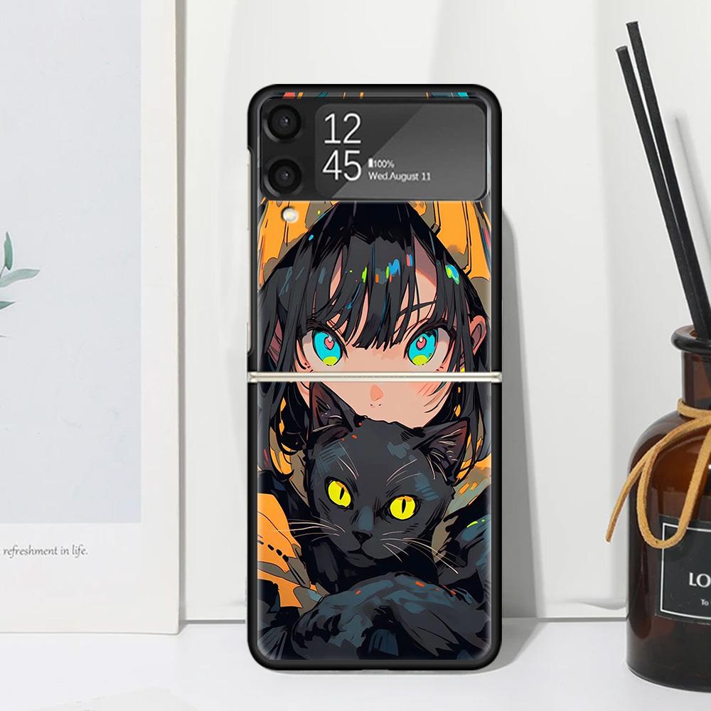 Anime Girls Cute Black Cat Phone Case Cover for Samsung Galaxy Z Flip 7 6 5 4 3 5G Flip3 Flip4 Flip5 ZFlip6 ZFlip7 Black Fundas