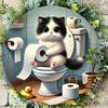 X Round Vintage Aluminum Charming Cat On Toilet Metal Sign Whimsical Bathroom Scene Wall Decor for Home Garden