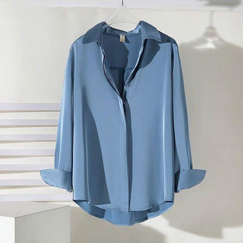 White Satin Shirt Loose Fit Spring Autumn Black Blouse Fashionable Design High Quality Comfortable Stylish Top