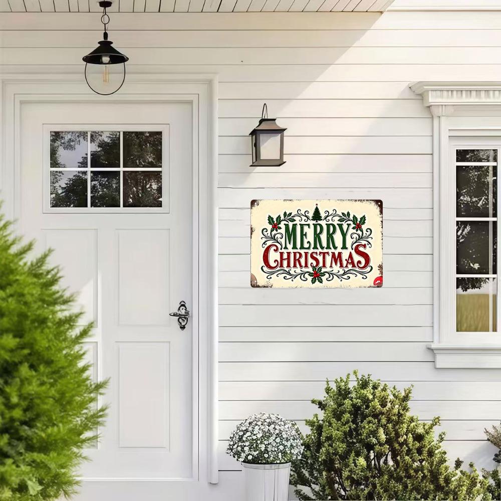 Vintage Merry Christmas Metal Wall Sign, 8x12in, Holly Wreath Design, Red/Green/Gold, Easy Install