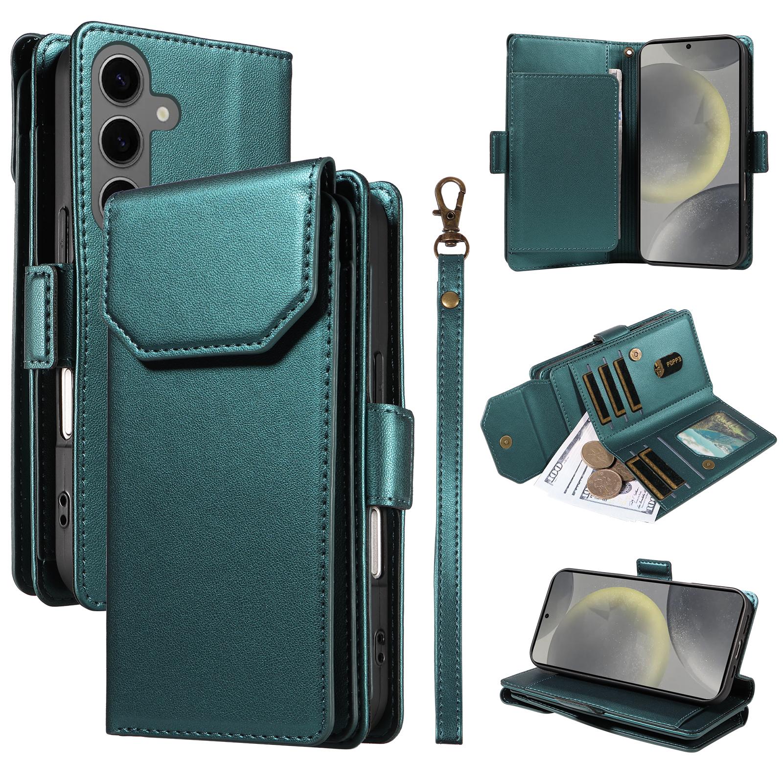 

Для Samsung Galaxy S25/S24 Чехол с держателем для нескольких карт и ремешком, чехол для телефона из ПУ кожи, подставка Green