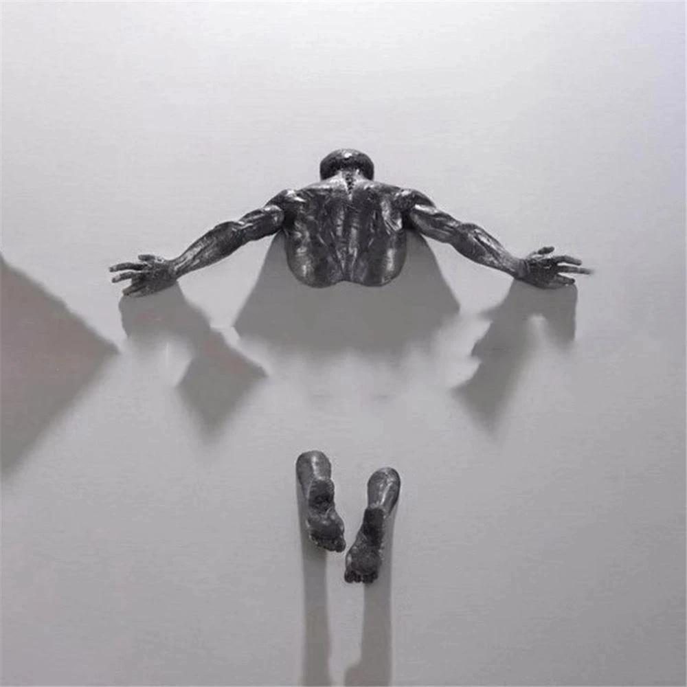 New Imitation Copper Wall Decor Abstract Character Resin Rock Climbing Man Statue Sculpture Background Wall Art 3D Through Wall