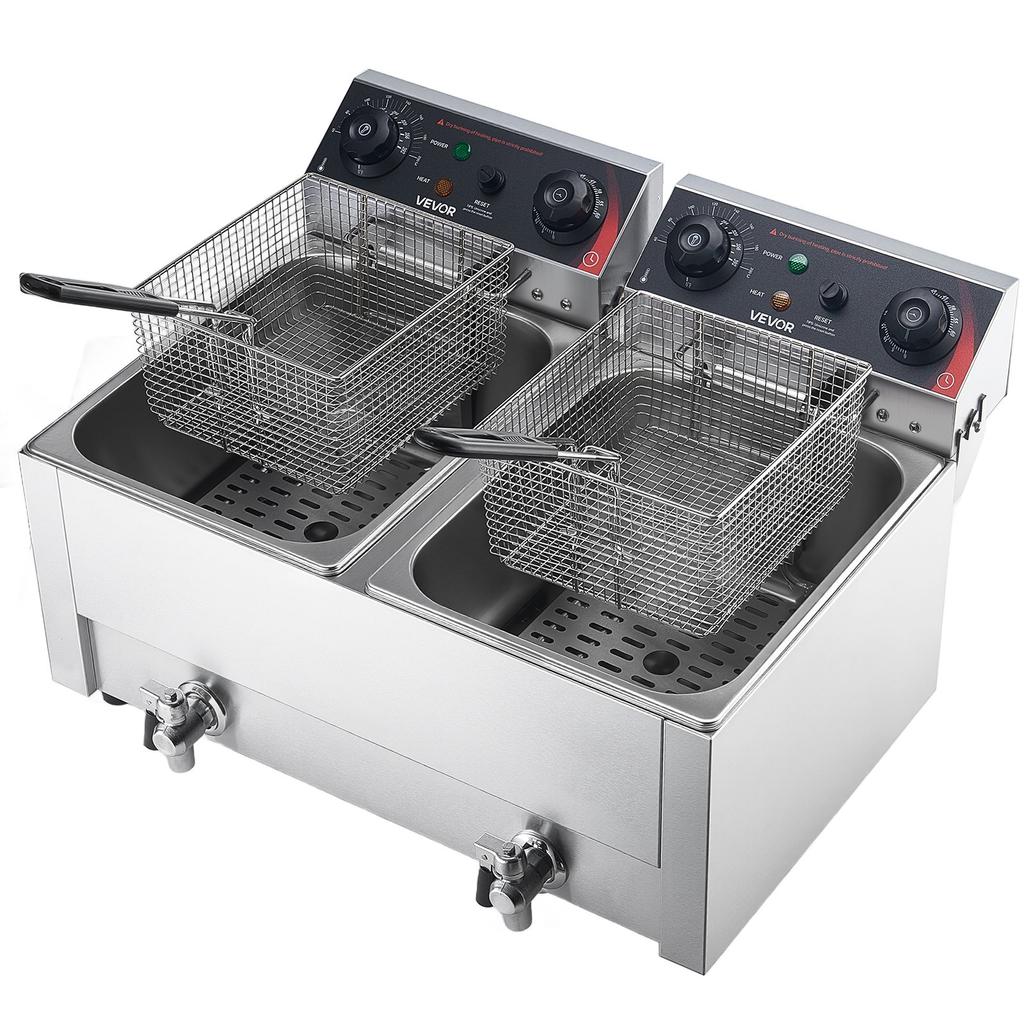 VEVOR Commercial Electric Deep Fryer, Upgrade Dual Tank 14 L Oil Capacity, 5000W Stainless Steel Countertop Fryer with Baskets & Lids