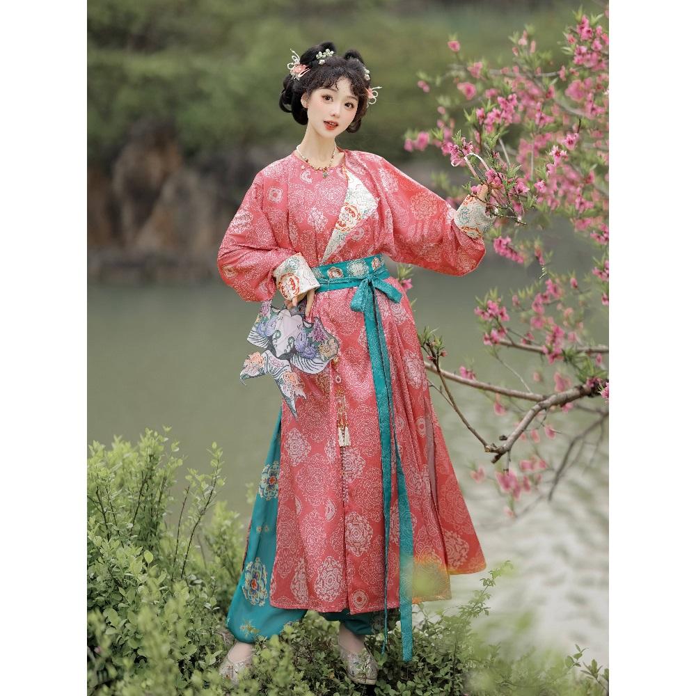 Chinese Tang Dynasty Style Hanfu Round Neck Robe Embroidered Bloomers Daily Suit