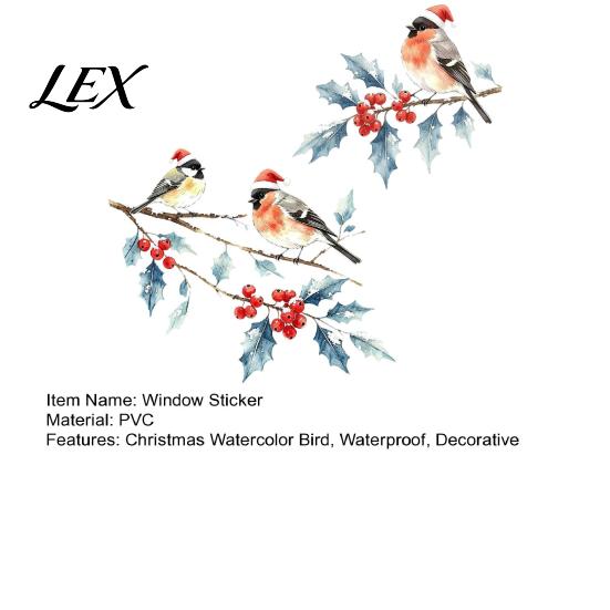 Winter Holiday Glass Decals Christmas Watercolor Bird Window Sticker, Santa Hat On Beey Waterproof PVC Film Branch Static Decal, Cling for Party