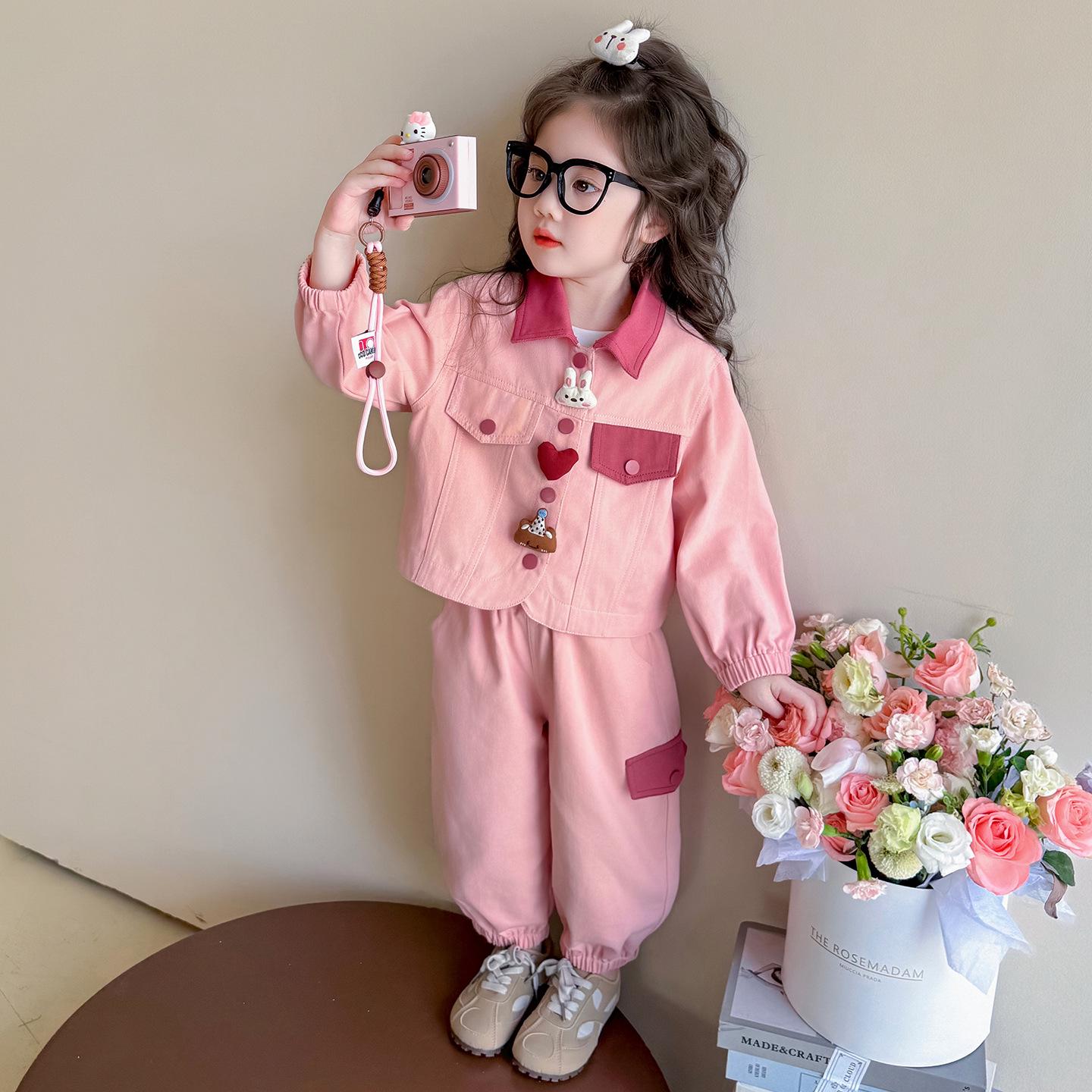

2025 New Autumn Spring Cartoon Casual Girls Two-Piece Workwear Set 90 cm розовый