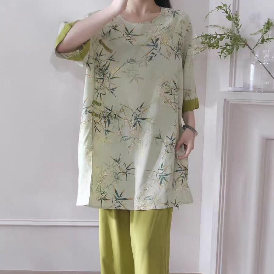 Women's Summer Lyocell Cotton Pajama Set: Chic National Wind Design, Wearable Outside, Luxurious Feel