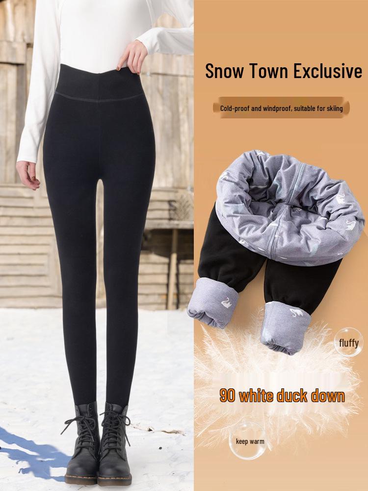 Women's Winter Slim-Fit Snowfield Base Layer Pants with Warm Cotton and Down; Cold-Protective Elastic Foot-Stirrup Style.