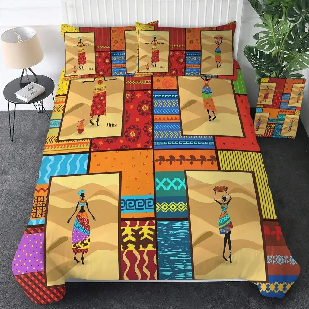 Afroamerikanskt Påslakanset Afro Sängkläder Svart Kvinna i Etnisk Klänning Sängset Stam Modern Urban Heminredning King