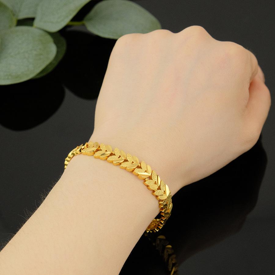 Women's Geometric Bracelet: Leaf & Heart Design, Imitation Gold Plated, 24K Hidden Clasp