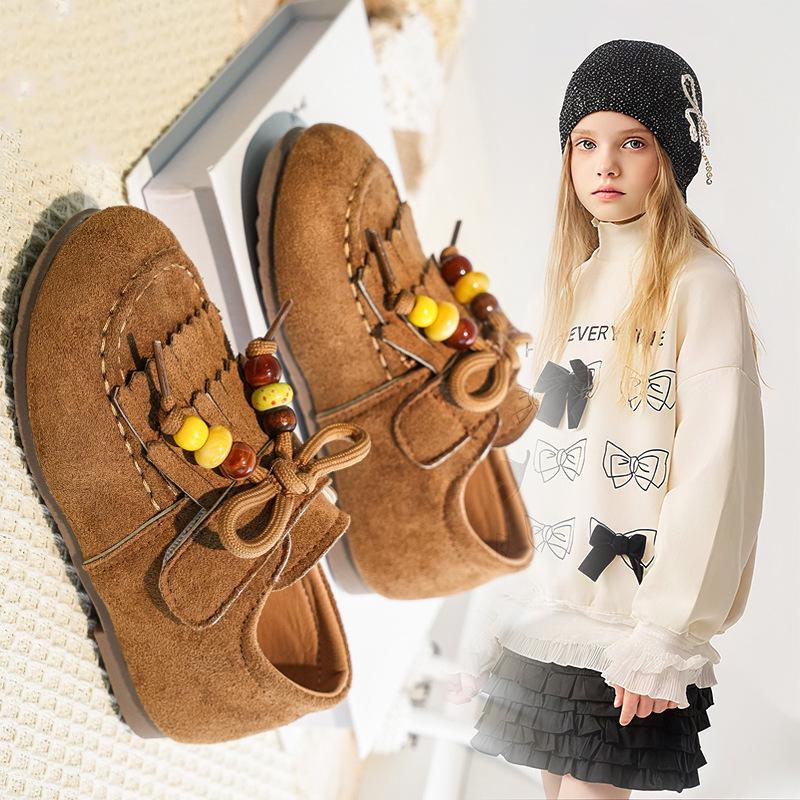 2026 Stilvolle Lederquasten-Prinzessinnenschuhe für kleine Mädchen - Frühling/Herbst Weiche Sohle Bohnenschuhe