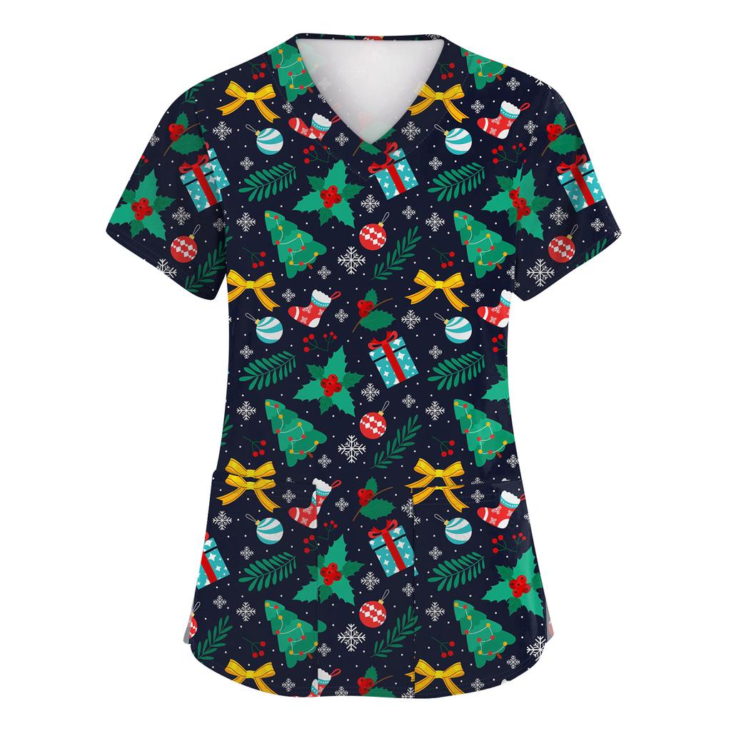 Women's Fashion Short Sleeve Christmas Print V-Neck Pocket Workwear Tops