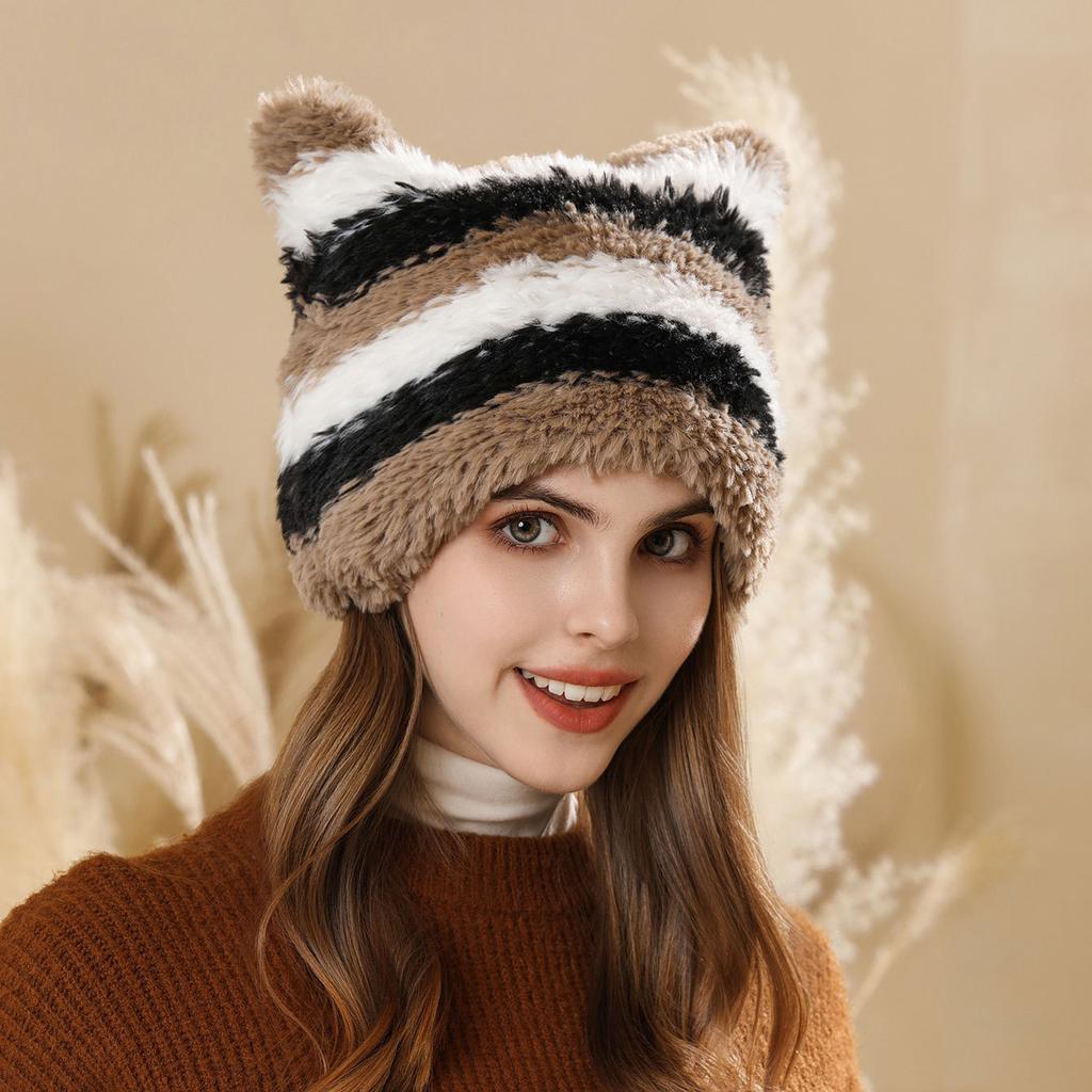 Cute cat ears striped thermal hat autumn and winter new plush versatile wool ear protection hat thickened to show the face small cold hat
