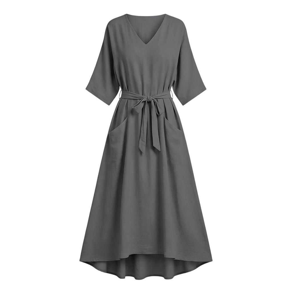 Women’s Summer Casual V Neck Short Sleeve Dress with Waist Tie Relaxed Fit Lightweight Midi Length for Everyday Wear