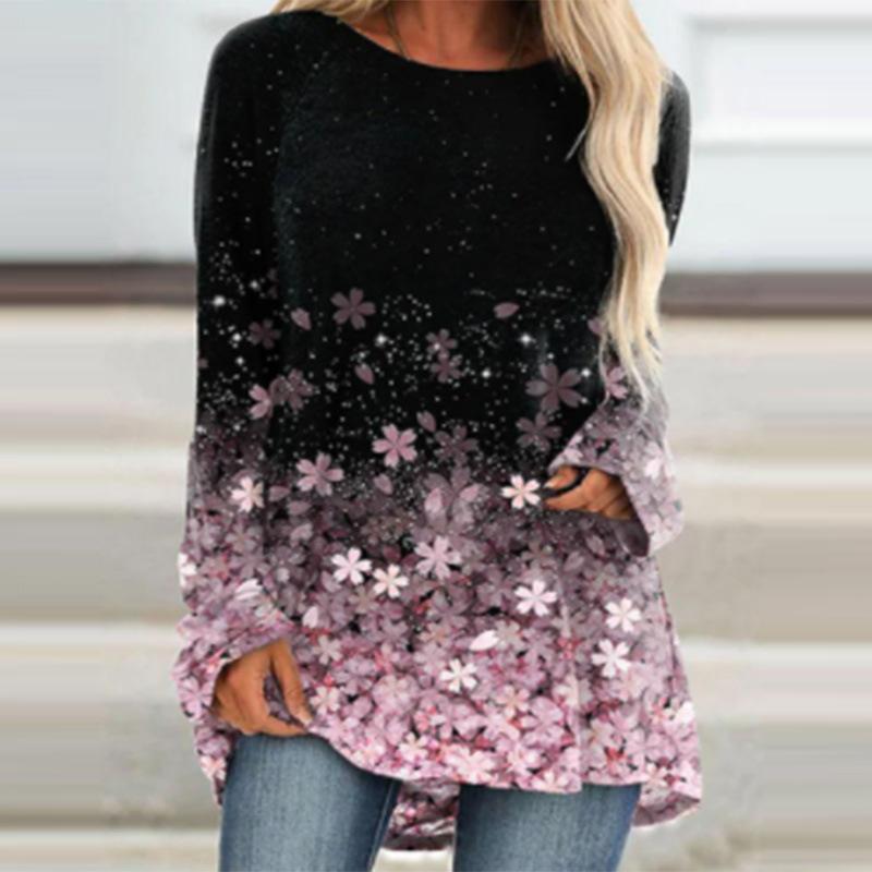 Round Neck 3D Flowers Butterflies Dragonflies Printed Top Fashionable Casual Long Sleeved Women's T-shirts