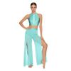 Womens Lyrical Dance Performance Outfit Sequin Hollow-out Tank Crop Top+Built-in Briefs Mesh Pants Modern Contemporary Dancewear
