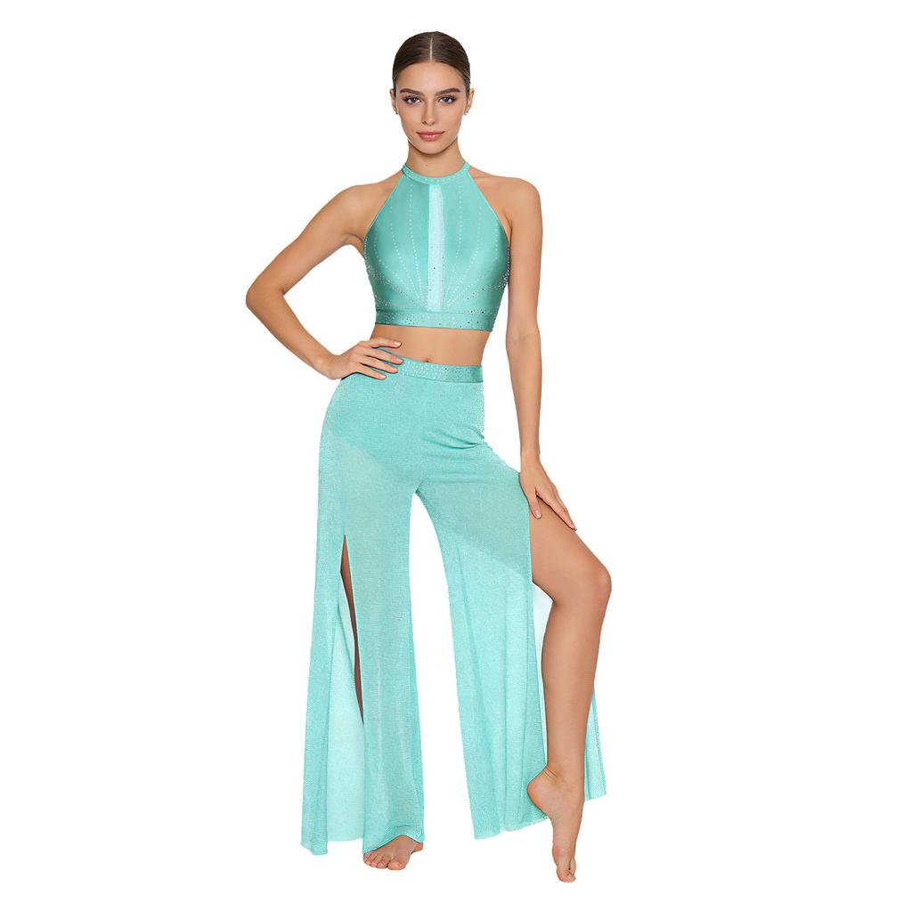 Womens Lyrical Dance Performance Outfit Sequin Hollow-out Tank Crop Top+Built-in Briefs Mesh Pants Modern Contemporary Dancewear
