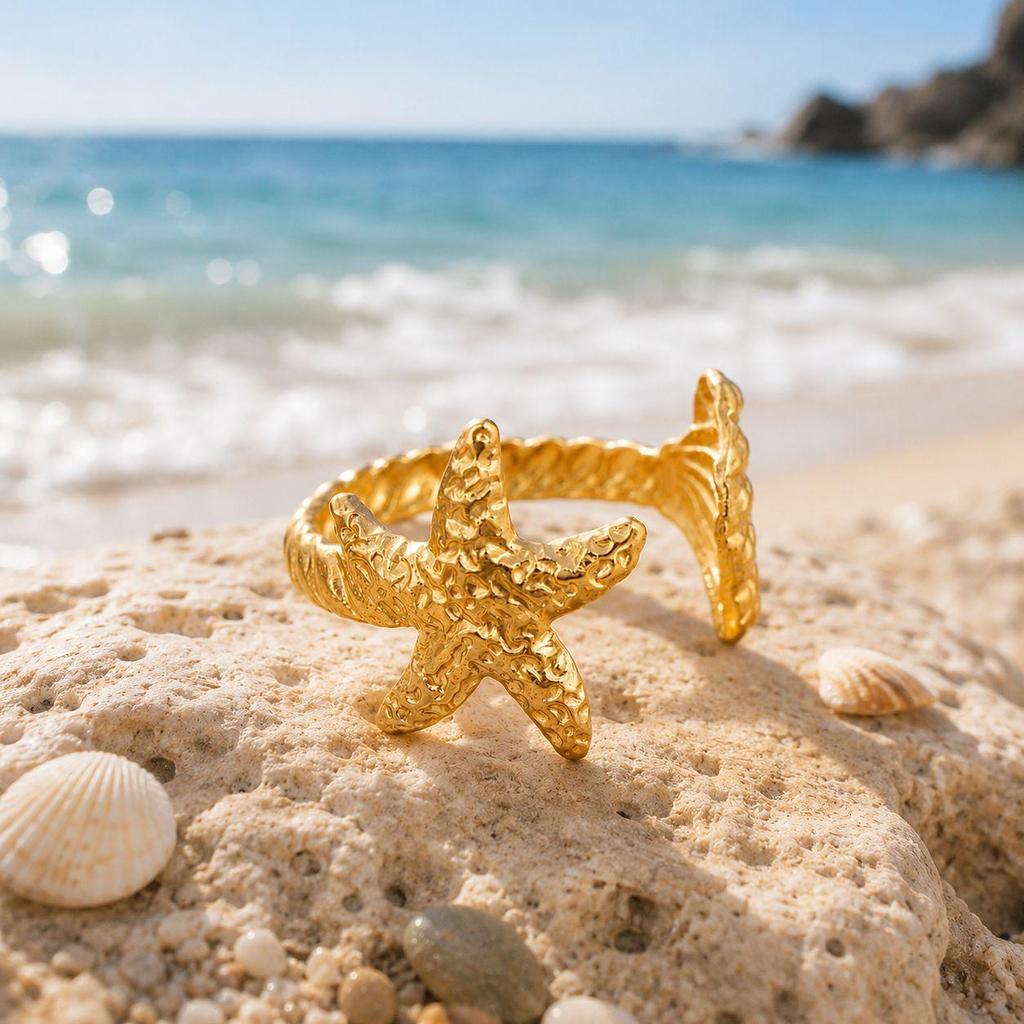 Adjustable Titanium Steel Starfish Ring – Stainless & Colorfast Hammered Design