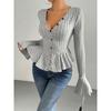 Women's Elegant Style T-Shirt Autumn Winter New V-Neck Ruffle Slim Fit Temperament Fleece Top