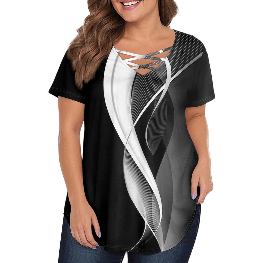 Women's Fashion Casual Printed V-Neck Short Sleeve Large Size T-Shirt Top