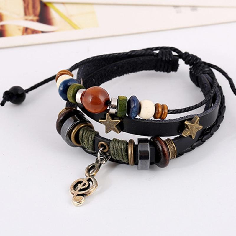 Multilayer Leather Bracelet Handmade Beaded Bracelet Musical Note Bracelet Vintage Hollow Star Bracelet (Multicolor)