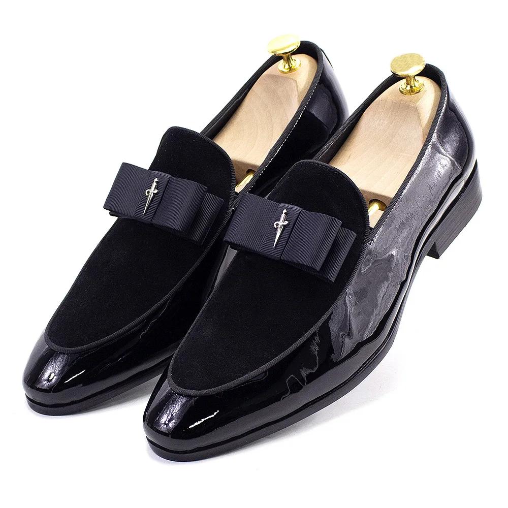 Handmade Men's Genuine Leather Patent Suede Loafers Patchwork Bow Tie Dress Shoes for Wedding Banquet Formal Occasions