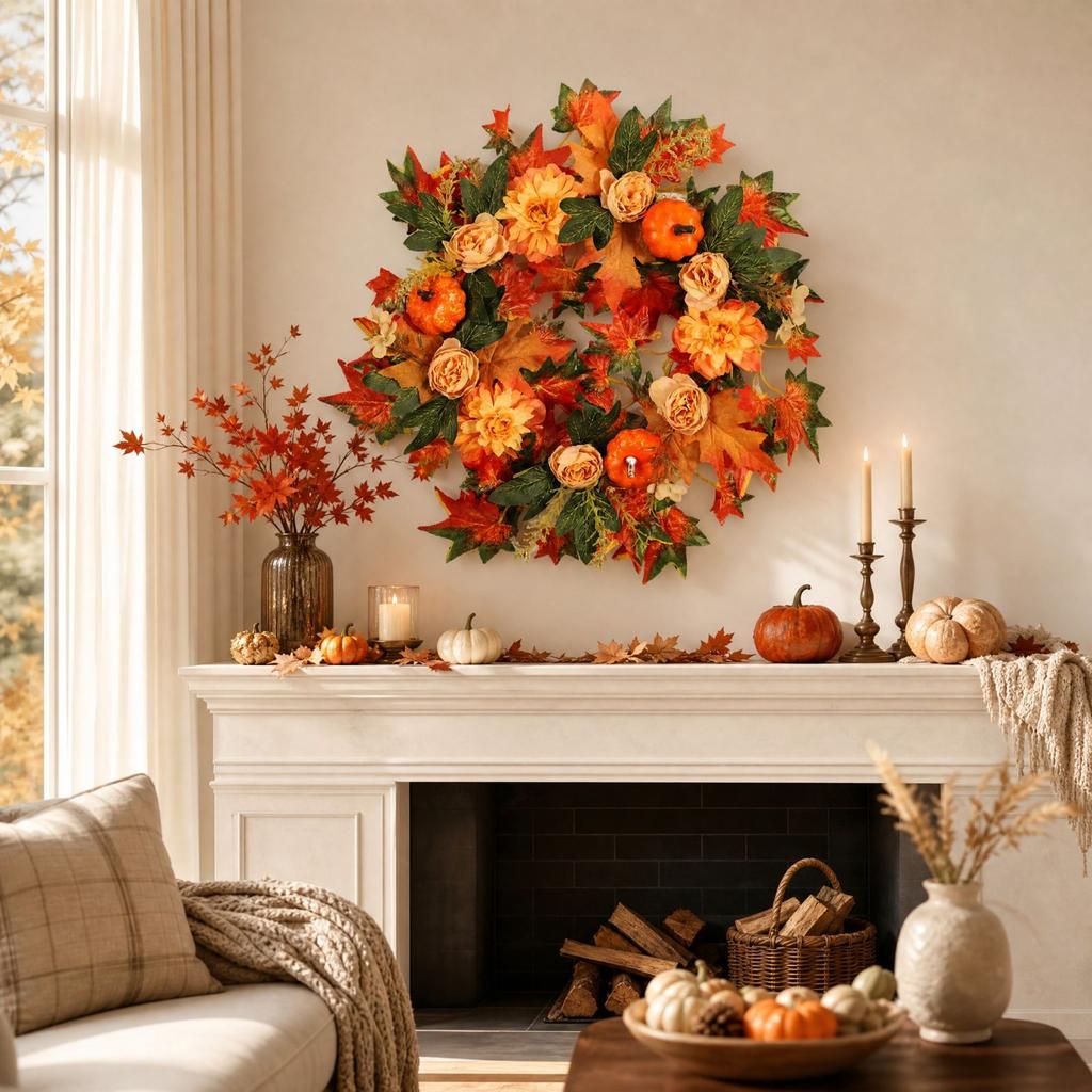 Artificial and Pumpkin Wreath for Thanksgiving Fall Door Decoration
