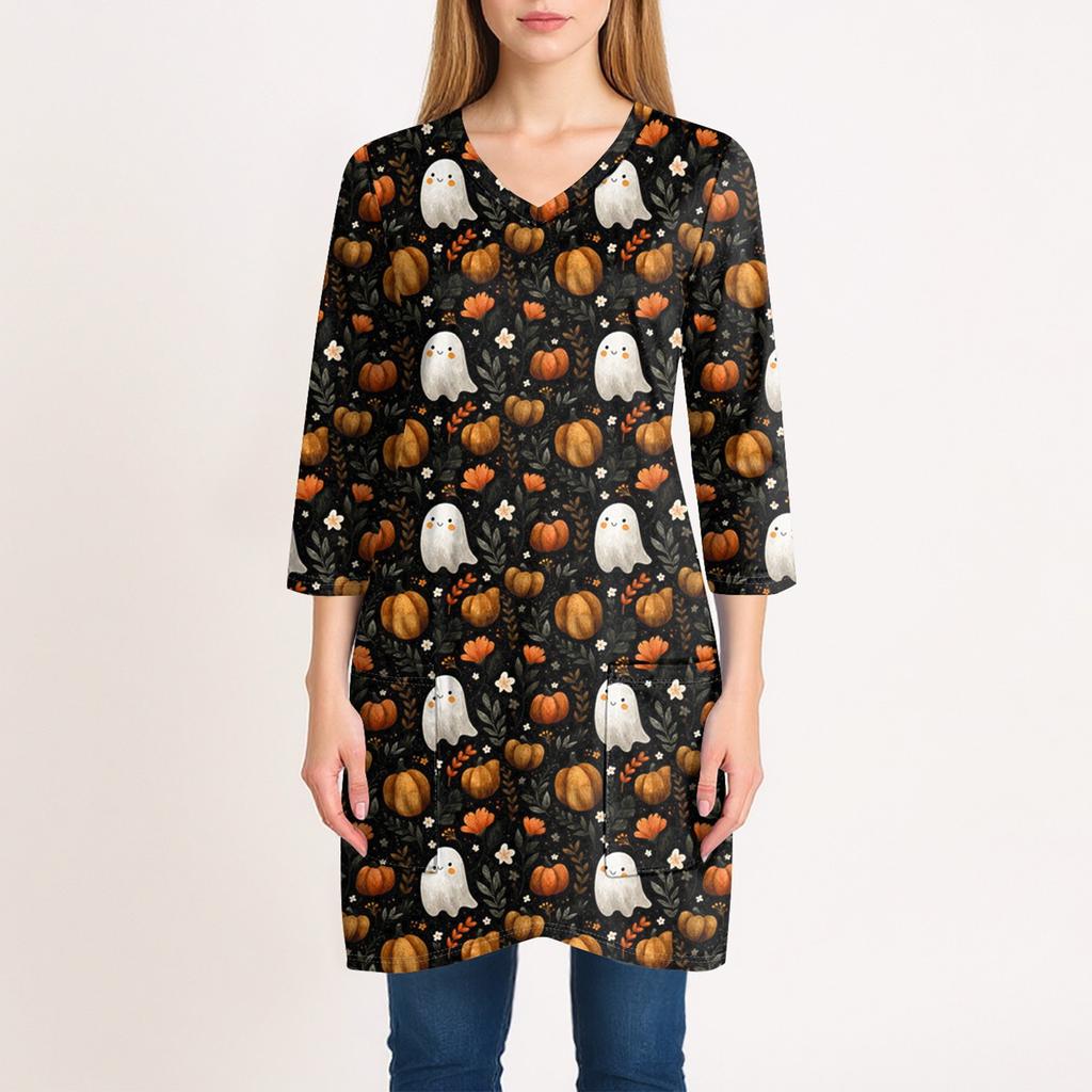 Womens's Fashion Casual Halloween Print V-neck Mid Length Pocket 3/4 Sleeve Top