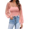 Women's See-through Lantern Sleeves Tops Splicing Slim Tops