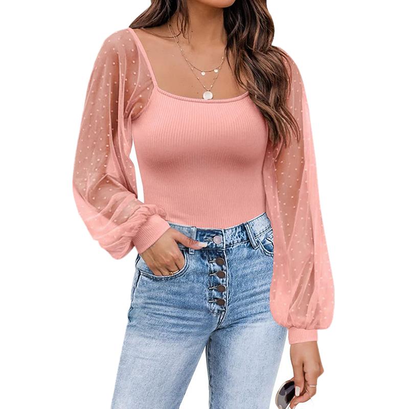 Women's See-through Lantern Sleeves Tops Splicing Slim Tops