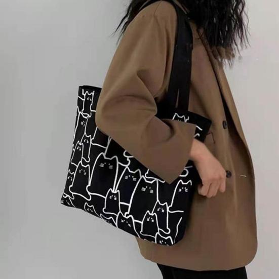 Women Canvas Bag Cat Pattern Zipper Design Tote Bag Large Capacity Japanese Style Lightweight Shoulder Bag