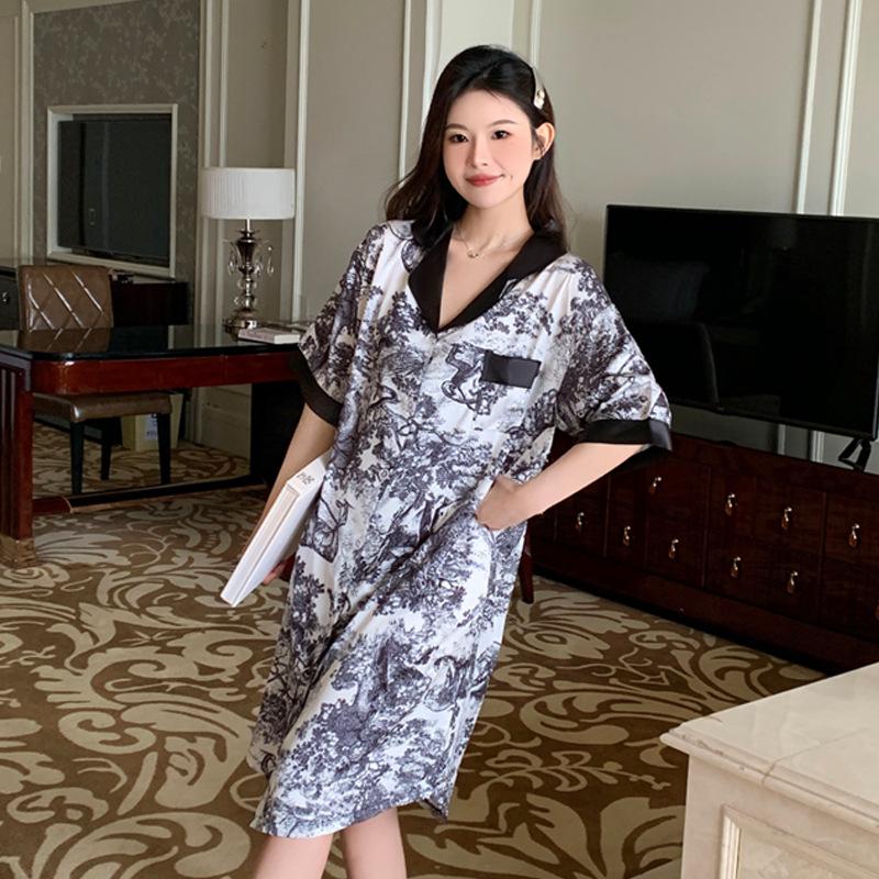 Summer National Style Ink Painting High-End Light Luxury Ice Silk Short-Sleeved Women'S Loungewear Shirt Nightdress