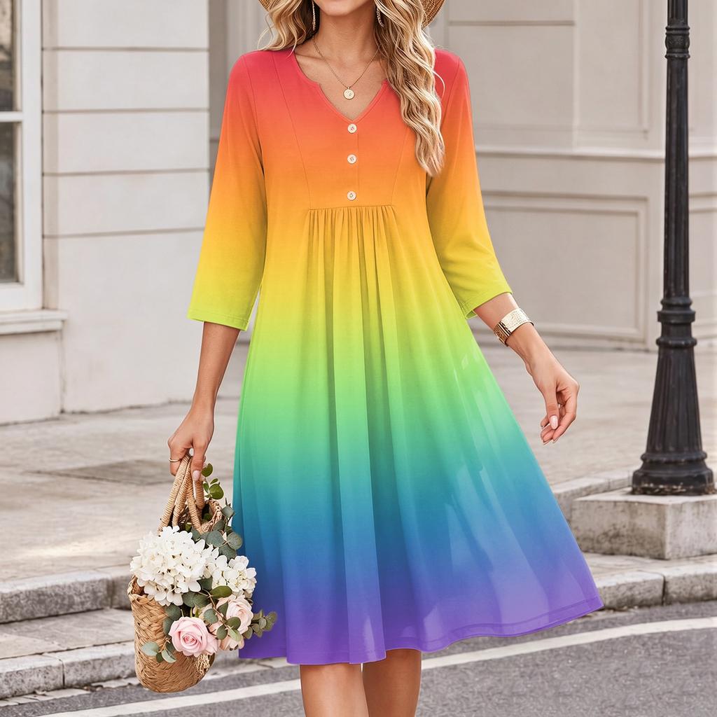 Women's V-Neck Three-Quarter Sleeve Gradient Print Casual Dress for Daily Wear