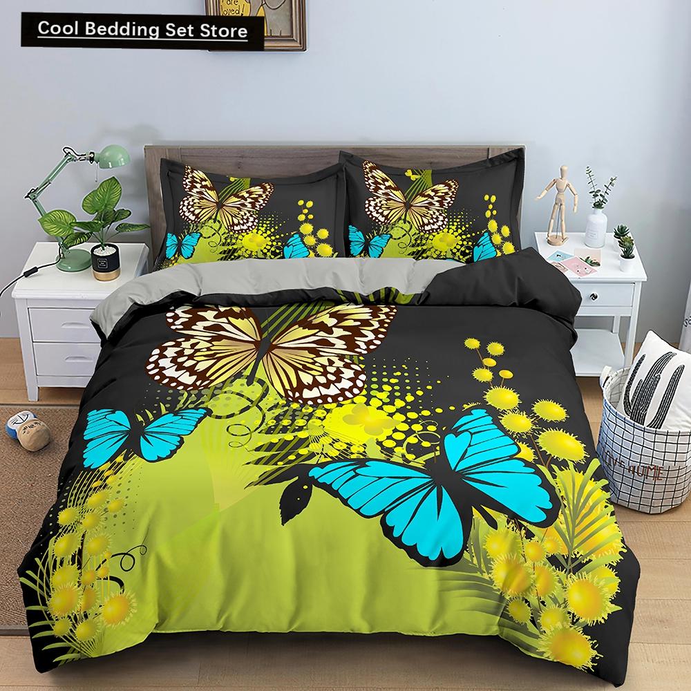 Butterfly Duvet Cover King Queen Size Animal Floral Bedding Set for Teens Adults Beautiful Flower 2/3pcs Polyester Quilt Cover
