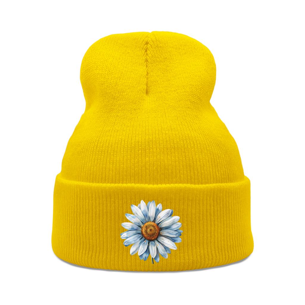 Blue Daisy Print Warm Winter Hats Unisex Knitted Hat Beanie Man Cap Stretchy Warm Knit Cap Beanie Ideal Choice For Gifts