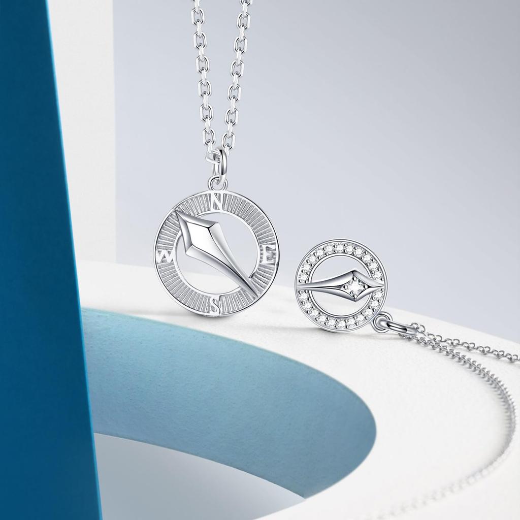 Necklace for Women and Men Compass Couple Matching Necklace Men and Women Zirconia Silver S925 Sterling Silver Couple White Day Return Gift